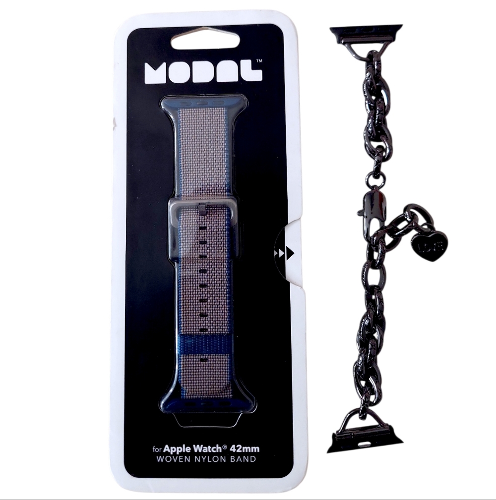 Modal Woven Nylon Apple Watch Band 42mm/ Black Chain link Band (2 Bands)